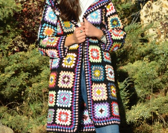 Granny Square Afghan Cardigan, Cotton Patchwork Cardigan, Knitted Crochet Coat, Hooded Jacket, Boho Cardigan, Long Oversized Sweater