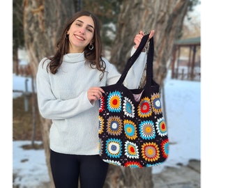 Bolso de hombro negro de ganchillo, bolso de verano colorido de punto, bolso de compras, bolso de mercado grande, bolso negro cuadrado de la abuela, regalo para ella
