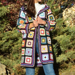 Granny Square Afghan Cardigan, Cotton Patchwork Cardigan, Knitted Crochet Coat, Hooded Jacket, Boho Cardigan, Long Oversized Sweater