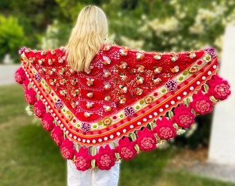 Red 3d Flowers Crochet Shawl, Crochet Summer Shawl, Women Knit Cotton Shawl, Cotton Wrap, flowers cherries, flowers crochet wrap, festival