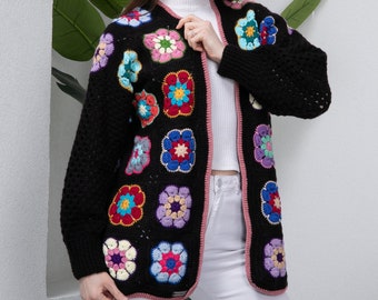 African Flowers Black Crochet Cardigan, Crochet Afghan Cardigan, Granny Square Colorful Jacket, Patchwork Jacket, Knitted Crochet Coat