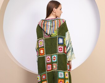 Green Crochet Cardigan, Patchwork Jacket, Crochet cardigan women, Granny Square Knit Coat, Cardigan sweaters for women, Afghan Crochet,