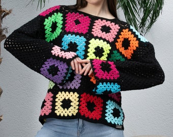 Black Granny Square Cotton Sweater, Knit Cotton Patchwork Sweater, Crochet Afghan Sweater, Boho Style Woman Sweater, Black Knit Sweater