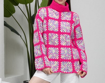 Ready to ship Colorful Patchwork Knit Turtleneck Sweater, Pink Crochet Turtleneck Sweater, Granny Square Sweater, Turtleneck sweater women