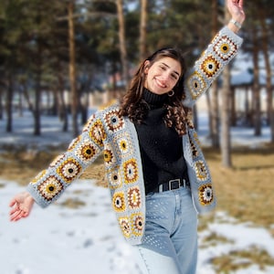 Gray Afghan Cardigan Granny Square, Handmade Crochet, Knitted Crochet Coat, Cotton Patchwork Cardigan, Boho Cardigan, Oversized Jacket