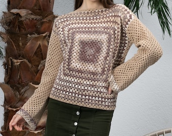 Ready to ship Brown Granny Square Sweater, Crochet Boho Top, Crochet Sweater Women Fashion, Knitted Crochet Sweater, Boho Style Sweater