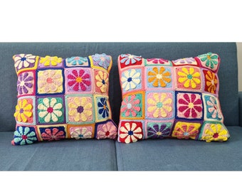 Crochet Daisy Pillow Cover Colorful, Granny Square Crochet Pillow Cover, Cushion Cover, Granny Coloful pillow cover