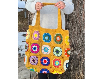 Bolsa de margarita de ganchillo, bolsa cuadrada de abuela amarilla mostaza, bolsa afgana de ganchillo, bolsa boho, bolso de ganchillo, bolsa hippie, ganchillo afgano, estilo vintage