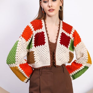 Bohem color Crochet Crop Jacket, Knitted Boho Top, Granny Square Sweater, Valentine's Day gift, Knit Patchwork Jacket image 4