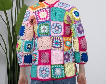 Ready to ship  Pink knitted patchwork jacket, Crochet Knit Woman Jacket, Granny square Afghan cardigan, crochet handmade, crochet afghan
