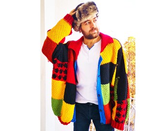 Crochet Cardigan, Patchwork Men Cardigan, Knitted Sweater, Chrsitmas Gift, knitted Patchwork jacket