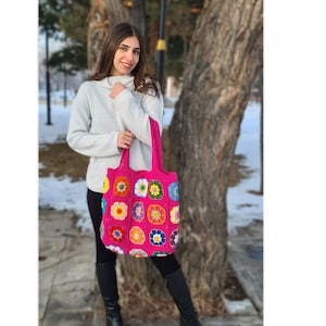 Crochet Daisy Bag, Pink Granny Square Bag, Crochet Afghan Bag, Boho Bag, Crochet Purse, Hippie Bag,Afgan Crochet, Vintage Style