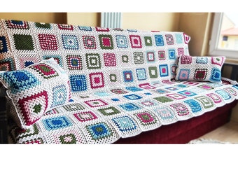 Crochet Afghan Blanket, Knitted Sofa blanketİ Granny Square Throw, Large crochet blanket, Mother Day Gift, Wedding Gift