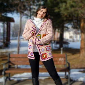 Pink Knitted Granny Square Cardigan, Crochet cardigan, Crochet Women Cotton Afghan Coat, Knit Jacket, Boho Crochet Jacket, Hippi Cotton Coat