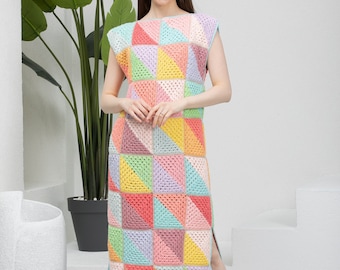 Bunte Patchwork lange Frau Kleid, gestricktes Trägerkleid häkeln, Regenbogen Strickkleid, Frau gestrickte Kleidung, Baumwollkleider