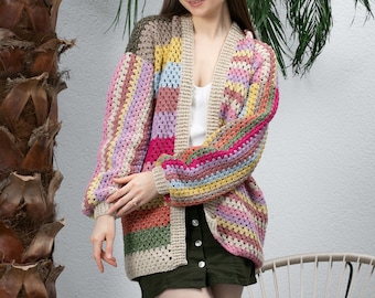 Ready to ship Colorful Women's Jacket, Crochet Woman Line Coats, Knit Cotton Jacket, Summer Jacket, Crochet Cardigan