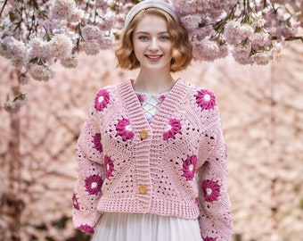 Pink Crochet Woman Jacket, Knitted daisy Jacket, Flowers Hand knit jacket, crochet floral coat, knit sweater, Valentine's Day crochet gift