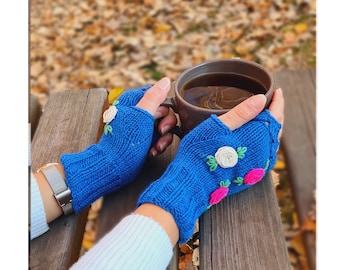 Blue Crochet Fingers Gloves, Knitted floral winter gloves, Half Finger Gloves, Womens Gloves, flower fingerless, Christmas