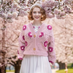 Pink Crochet Woman Jacket, Knitted daisy Jacket, Flowers Hand knit jacket, crochet floral coat, knit sweater, Valentine&#39;s Day crochet gift