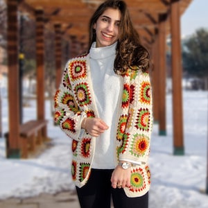 Crochet Women Cotton Cardigan, Granny Square Afghan Coat, Knit Jacket, Boho Crochet Jacket, Hippi Cotton Coat,