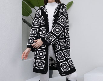 Black Knitted Woman Cardigan, Grannysquare Afghan Cardigan, Crochet Cotton Coat, Hooded Jacket, Boho Cardigan, Long Oversized Sweater