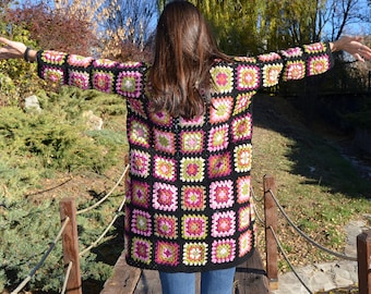 Crochet Granny Square Cotton Cardigan, Boho Hippie Patchwork Long Jacket