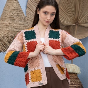 Crochet Knit Bohem Woman Jacket, Pink Knitted patchwork jacket, Granny square Afghan cardigan, crochet afghan coat