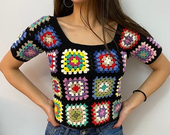 Granny Square Afghan Sweater, Wool Patchwork Sweater, Knitted Crochet, Boho Style Sweater, Hippie Festival top, Granny square Cropped top