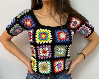 Granny Square Afghan Sweater, Wool Patchwork Sweater, Knitted Crochet, Boho Style Sweater, Hippie Festival top, Granny square Cropped top