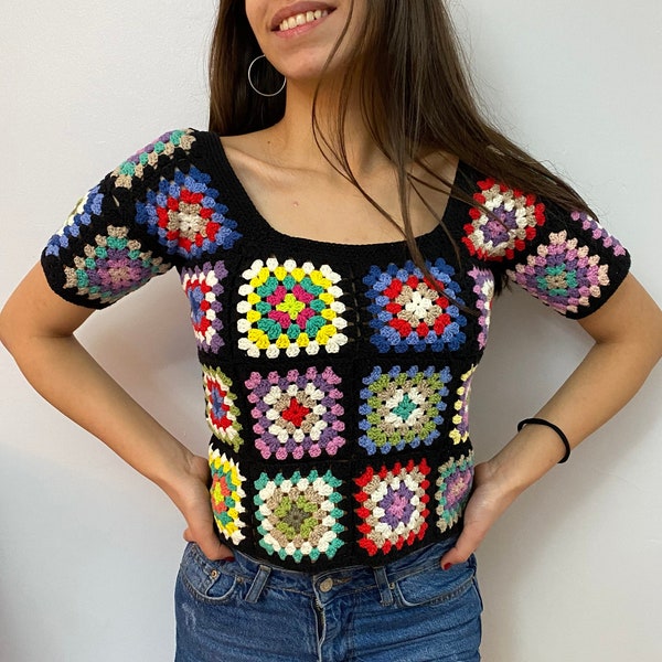 Granny Square Afghan Sweater, Wool Patchwork Sweater, Knitted Crochet, Boho Style Sweater, Hippie Festival top, Granny square Cropped top