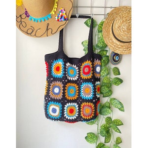 Knitted Black Shoulder Bag, Crochet Colorful Summer Bag, Summer Beach Bag, Large Market Bag, Granny Square Black Bag, Gift for Her