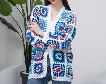 Ready to ship White and Blue Crochet Woman Cardigan, Granny Square Afghan Cardigan, Handmade Crochet, Knitted Crochet Coat, Cotton Cardigan