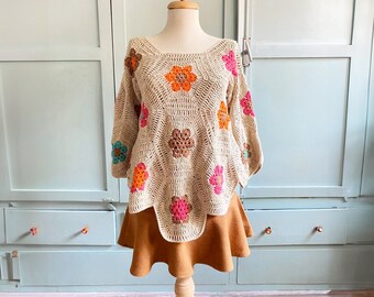 Beige Crochet Dress, Floral Knitted Dress, Bohemian Dress, Hippie Dress, Crochet Clothing, Lace Crochet, Knit Dress