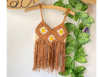 Sonnenblume Flora Fransen Top, gehäkelte Baumwolle Boho Kinder tragen, groovy Geburtstag Shirt, 1. Geburtstag Outfit, Boho Mädchen Top, Kleinkind Shirt häkeln