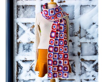 Crochet Granny Square Long Scarf, Knitted Colorful Scarf, Knit Afghan Scarf, Knitted Scarf, Multicolour Scarf, Chiristmas Gifts