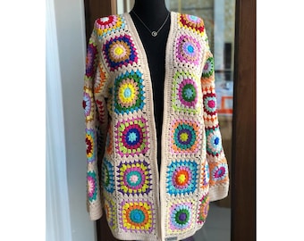 Granny square afghan cardigan, Crochet afghan jacket, ecru patchwork cardigan, boho coat, crochet cardigan, unique cardigan, crochet coat