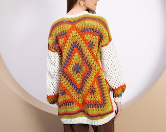 Ready to ship Crochet Sweater, Crochet Sweater for Women, Knit Ecru Sweater, Crochet Top Granny Square, Boho Style Handmade Sweater