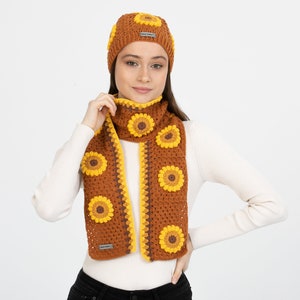 Orange Sunflower Winter Set, Hand Knit Beanie, Crochet Woman Scarf, Granny Square Scarf, crochet flower scarf, Knit Afghan Scarf image 3