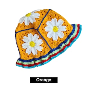 Orange Crochet flower bucket hat, knitted bucket hat, knit flower hat, festival hat, hippi hat, crochet summer knitted hat