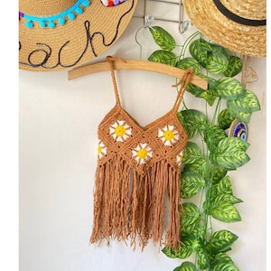 Sunflower Flora Fringe Top, Crochet Cotton Boho Kids Wear, Groovy Birthday Shirt, 1st Birthday Outfit, Boho Girls Top, Crochet Toddler Shirt