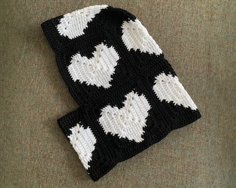 Black Crochet Heart Balaclava, Knitted Love Balaclava for Women, Unisex Balaclava, Winter Balaclava, Crochet Winter Hat, gift to her