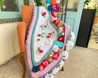 3d Floral Knitted Blanket, Knitted Colorful Throw, Knit Bedspread Throw, Knitted sofa blanket, flowers crochet tv blanket, vintage blanket