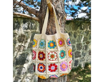 Crochet Daisy Bag, Granny Square Bag, Crochet Afghan Bag, Boho Bag, Crochet Purse, Retro Bag, Hippie Bag,Afgan Crochet, Vintage Style
