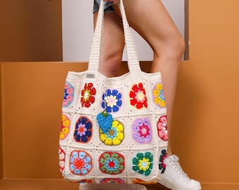 Crochet Bag handmade, Crochet bag purse, Crochet bag tote, Crochet bag flower, knit bag for storage, Granny Square Bag, Afghan Knit Bag