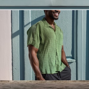 Green Knitted Shirt, Crochet summer Unisex shirt, Handmade Hippi Boho Shirt, Crochet Vintage Style Men Shirt, Crochet Cardigan