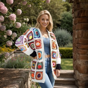 Floral Crochet Patchwork Cardigan, Daisy Knitted Afghan Cardigan, Cotton Colorful Cardigan, Knitted Crochet Coat, Long