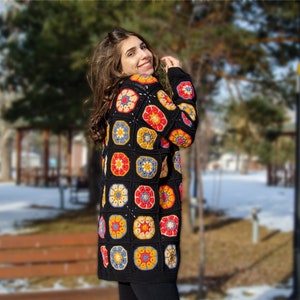 Black Crochet Afghan Cardigan, Granny Squate African Flowers Jacket, Granny Square Colorful Jacket, Knitted Crochet Coat, Boho Cardigan