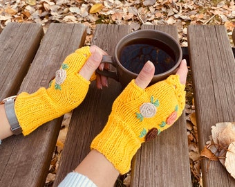 Ready to ship Yellow Crochet Gloves fingerless, floral knitted winter gloves, Half Finger floral Gloves, Womens Gloves, flower fingerless