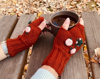 Taba Earth Crochet Fingerless Gloves, Knitted floral winter gloves, Half Finger Gloves, Womens Gloves, flower fingerless