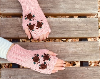 Crochet Gloves fingerless, floral knitted winter gloves, Half Finger floral Gloves, Womens Gloves, flower fingerless